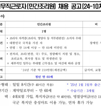 ［육군 제 2218부대］ 공무직근로자(민간조리원) 채용 공고